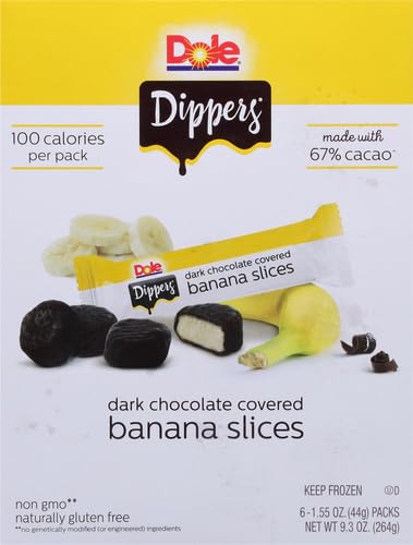 Dole Frozen Dark Chocolate Dippers, Dark Chocolate Covered Banana Slices, 1.55 Oz Pack, 6 Snacks