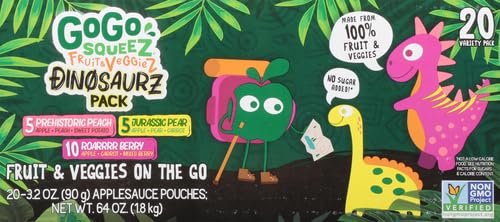 GoGo squeeZ Fruit & veggieZ Variety Pack, Jurassic Pear, Roarrrr Berry & Prehistoric Peach, 3.2 oz (Pack of 20), Unsweetened Snacks for Kids, No Gluten, Nut & Dairy, Recloseable Cap, BPA Free Pouches