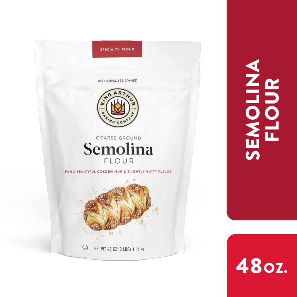 King Arthur Premium Semolina Flour: Coarse Ground, High Protein Durum Wheat for Perfect Pasta, Pizza, and Bread Making - Kosher, 3 lbs Resealable Bag, USA-Grown Wheat, Versatile Baking Ingredient