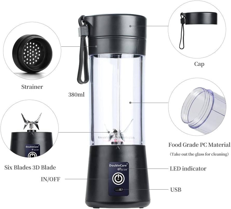 Portable Blender Cup,Electric USB Mini Juicer Blender For Shakes and Smoothies, Juice,380ml, Six Blades Great for Mixing,Black