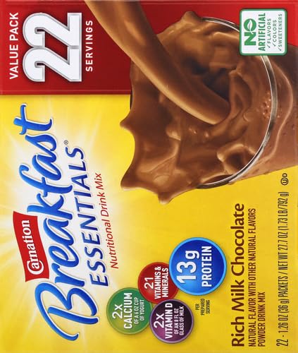 Carnation Breakfast Essentials Powder Drink Mix, Rich Milk Chocolate,1.26 Ounce (Pack of 22), (Packaging May Vary)
