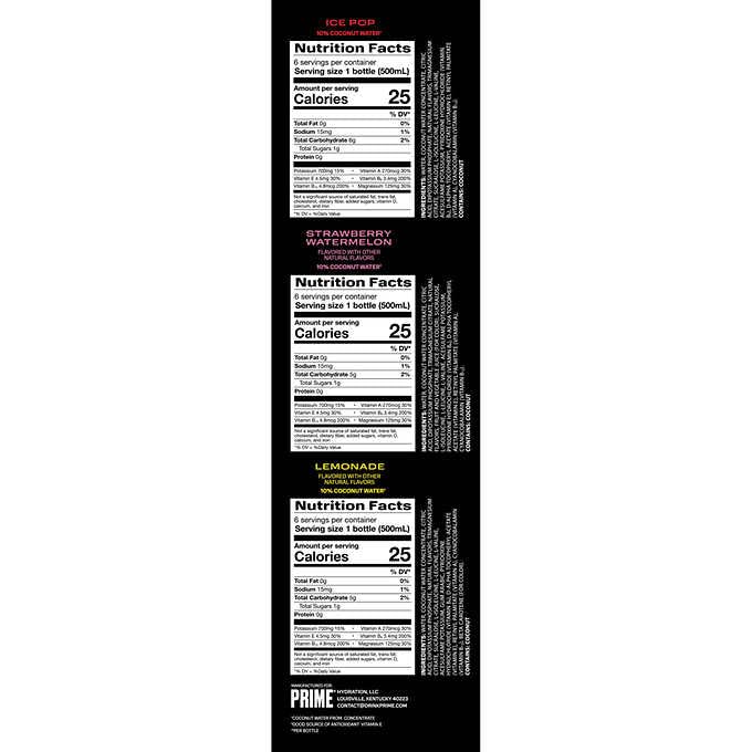 Prime Hydration Drink, Variety Pack ( ICE POP, STRAWBERRY WATERMELON, LEMONADE), 16.9 fl oz, 18 ct