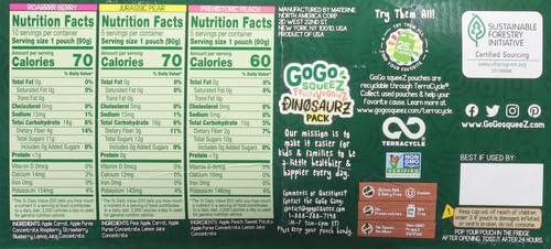 GoGo squeeZ Fruit & veggieZ Variety Pack, Jurassic Pear, Roarrrr Berry & Prehistoric Peach, 3.2 oz (Pack of 20), Unsweetened Snacks for Kids, No Gluten, Nut & Dairy, Recloseable Cap, BPA Free Pouches