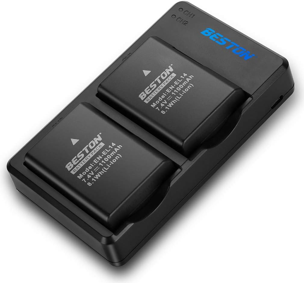 BESTON 2-Pack EN-EL14 / EN-EL14a Battery Packs and Rapid USB Charger for Nikon D3100 D3200 D3300 D3400 D3500 D5100 D5200 D5300 D5500 D5600 DF Coolpix P7000 P7100 P7700 P7800 Cameras
