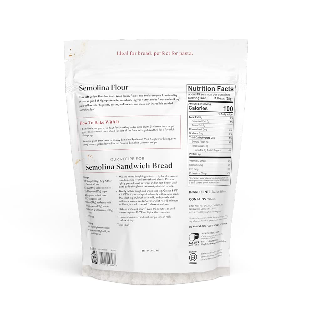 King Arthur Premium Semolina Flour: Coarse Ground, High Protein Durum Wheat for Perfect Pasta, Pizza, and Bread Making - Kosher, 3 lbs Resealable Bag, USA-Grown Wheat, Versatile Baking Ingredient