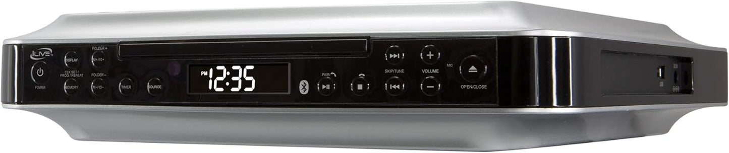 iLive Bluetooth Under Cabinet Radio (FM) CD and MP3 player, USB, AUX in, Wireless Music System with Kitchen Timer, Digital Clock, with Remote Control IKBC384SMP3U