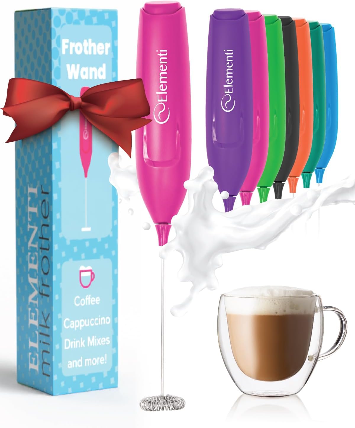 Elementi Milk Frother Wand & Matcha Mixer, Mini Electric Whisk for Coffee - Frother for Coffee - Milk Frother Handheld - Coffee Stirrers Electric Matcha Frother & Hand Whisk (Hot Pink)
