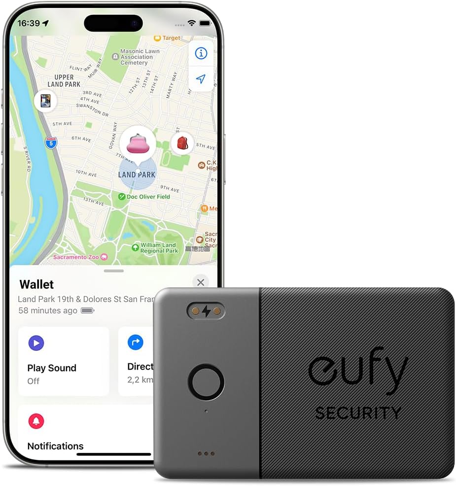 eufy SmartTrack Card E30 (Black, 1-Pack), Rechargeable, Works with Apple Find My (iOS Only), Bluetooth Tracker, Perfect for Wallet, Passport, and Laptop, Water Resistant. (Android not Supported)