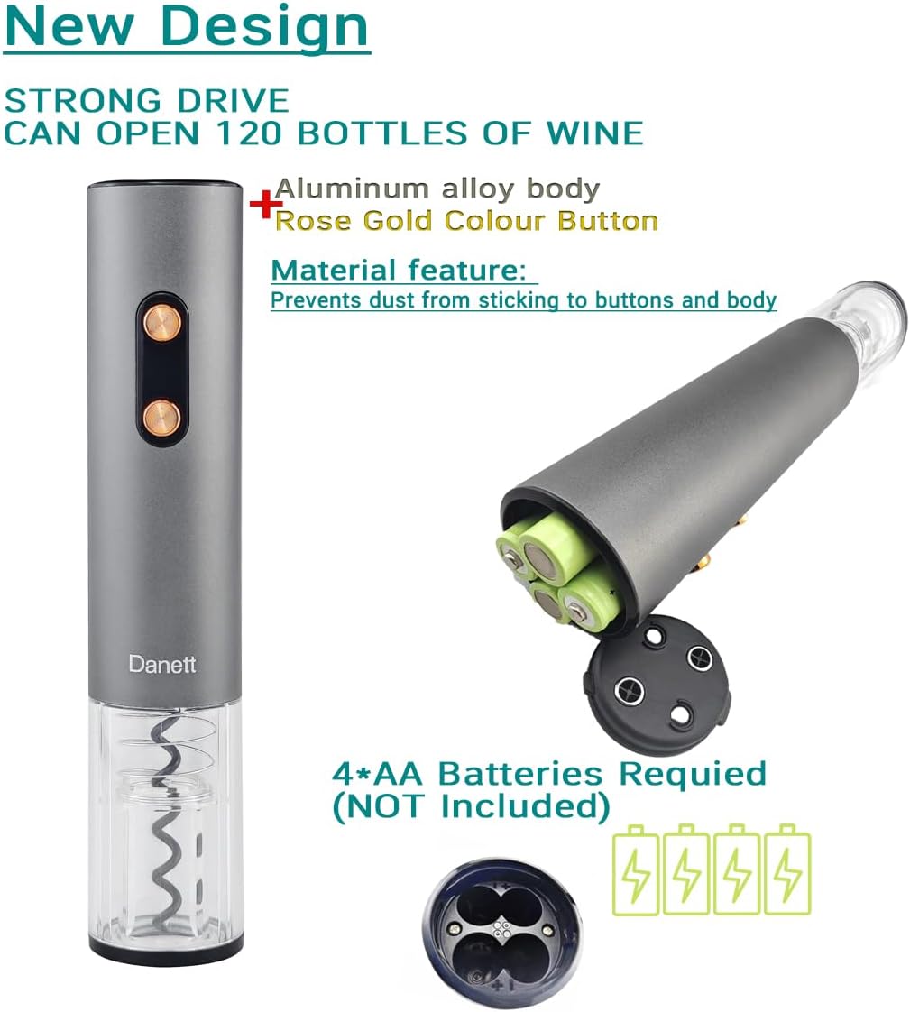 Automatic Electric Wine Opener Gift Set 5in1, Electric Wine Bottle Corkscrew+Foil Cutter+Pourer+Vacuum Stoppers+Base,AL alloy body+Rose gold Buttons Anti-fingerprint,Blue Light Bin-Grey