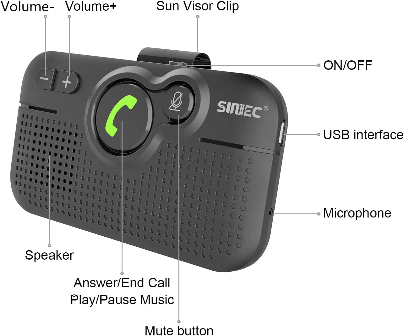 Bluetooth Car Speaker for Cell Phone, Handsfree Bluetooth Car Kit Motion AUTO ON Off Support Siri Voice Assistant Handsfree Speakerphone with Visor Clip - BC980P
