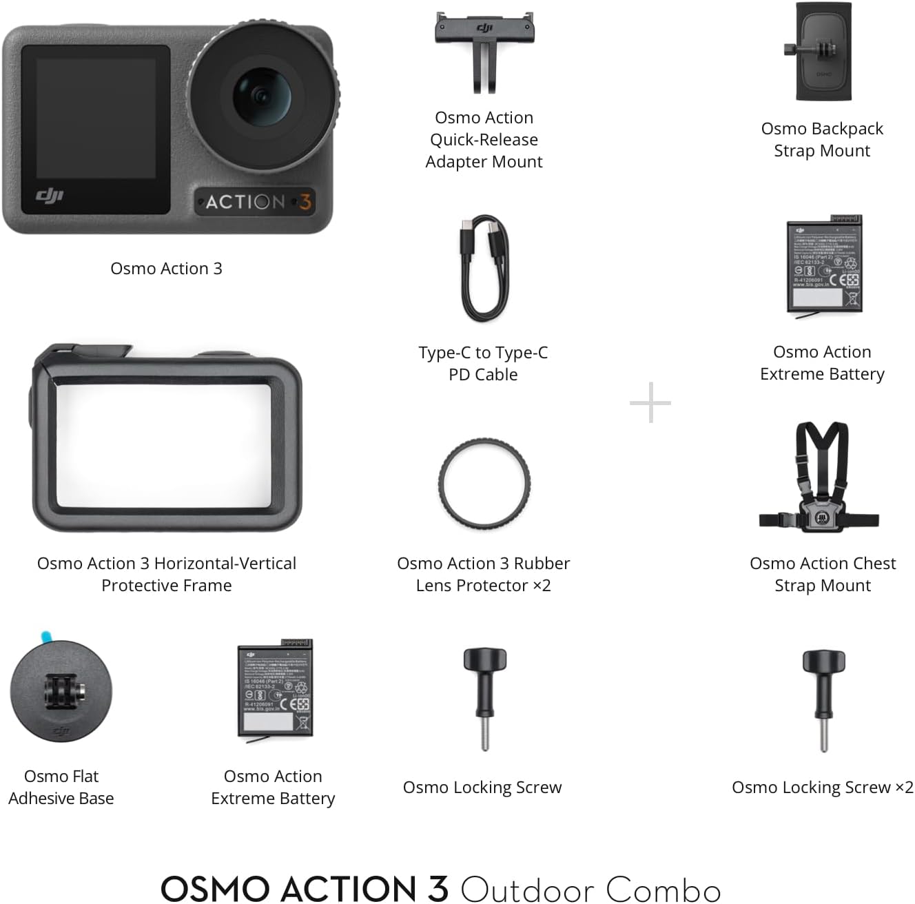 DJI Osmo Action 3 Outdoor Combo, Action Camera 4K with Chest & Backpack Strap Mount for Travel, Sports, Stabilization, Cold Resistant, Waterproof Action Camera with 2 Batteries up to 320 Mins