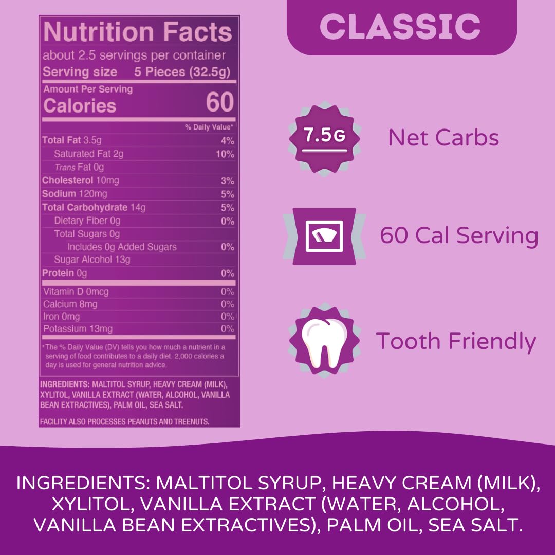 Tom & Jenny's Sugar Free Candy Soft Caramels Individually Wrapped - Sea Salt & Vanilla - Low Net Carb Zero Sugar Candy with Xylitol & Maltitol (Classic Chewy Sugar Free Caramel) Keto Candy 1 Pack