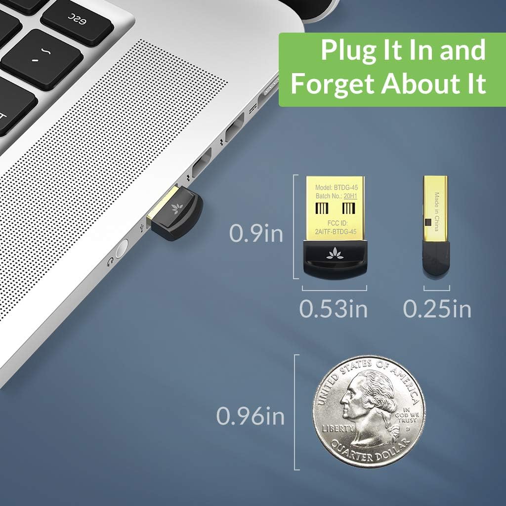Avantree DG45 - USB Bluetooth 5.0 Adapter for PC, Bluetooth Dongle for Computer Desktop Laptop, Wireless Transfer for Bluetooth Headphones Speakers Keyboard Mouse Printers Windows 11/10/8.1/8