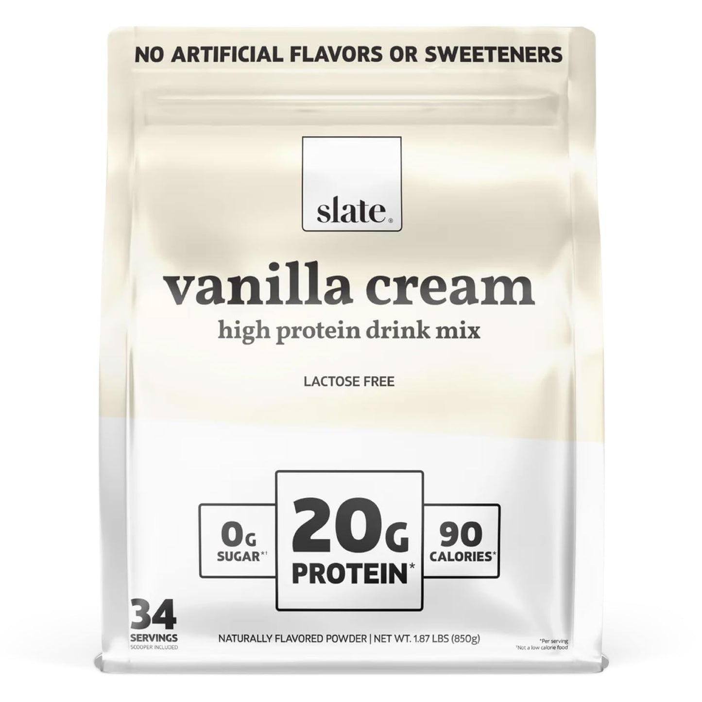 Slate Milk - High Protein Drink Mix Powder - Vanilla Cream, 34 Servings Bag - Lactose Free, 20g Protein, 0g Sugar, 90 Calories, 1g Carbs, No Added Sugar - Breakfast Boost - Post Workout - 1.87 lbs