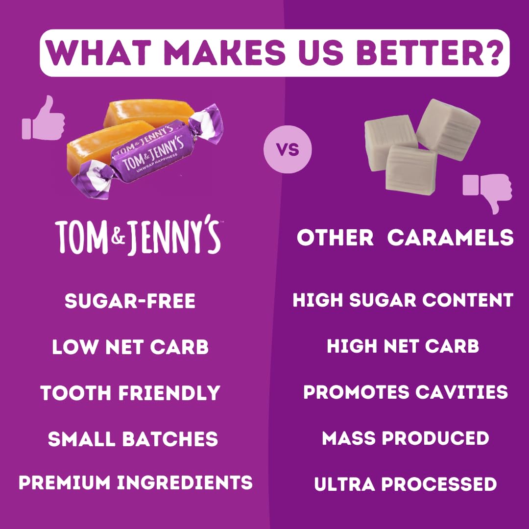 Tom & Jenny's Sugar Free Candy Soft Caramels Individually Wrapped - Sea Salt & Vanilla - Low Net Carb Zero Sugar Candy with Xylitol & Maltitol (Classic Chewy Sugar Free Caramel) Keto Candy 1 Pack