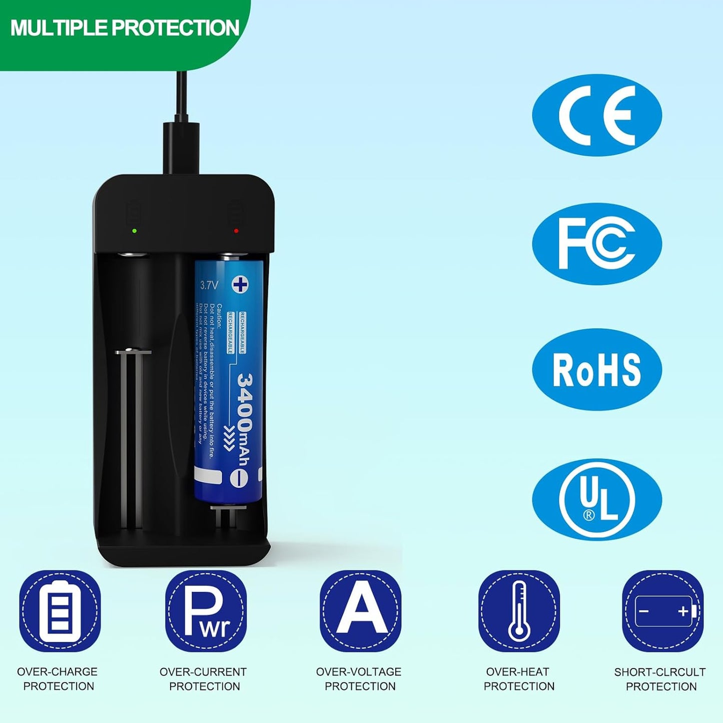18650 Rechargeable Battery Charger Set, 3.7V Button Top Lithium ion Rechargeable Battery for Flashlight Headlamp (4Batteries+ Rechargeable Charger Set)