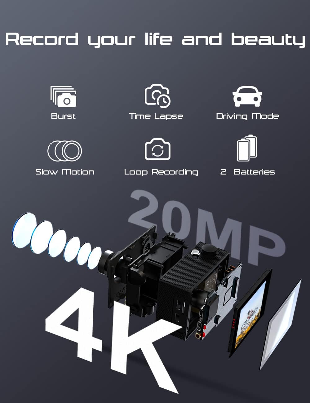 Apexcam Action Camera 4K Sports Camera 20MP 40M 170°Wide-Angle WiFi Waterproof Underwater Camera with 2.4G Remote Control 2 Batteries 2.0'' LCD Ultra HD Camera with Mounting Accessories Kit