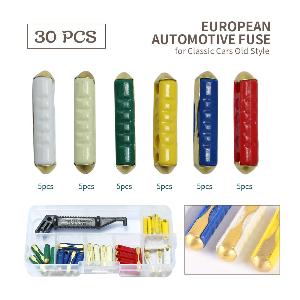 30 Pcs and 1Pc Fuse Box Assortment Bakelite Auto Fuses Replacement for GBC European Automotive 5A 8A 16A 20A 25A 30A