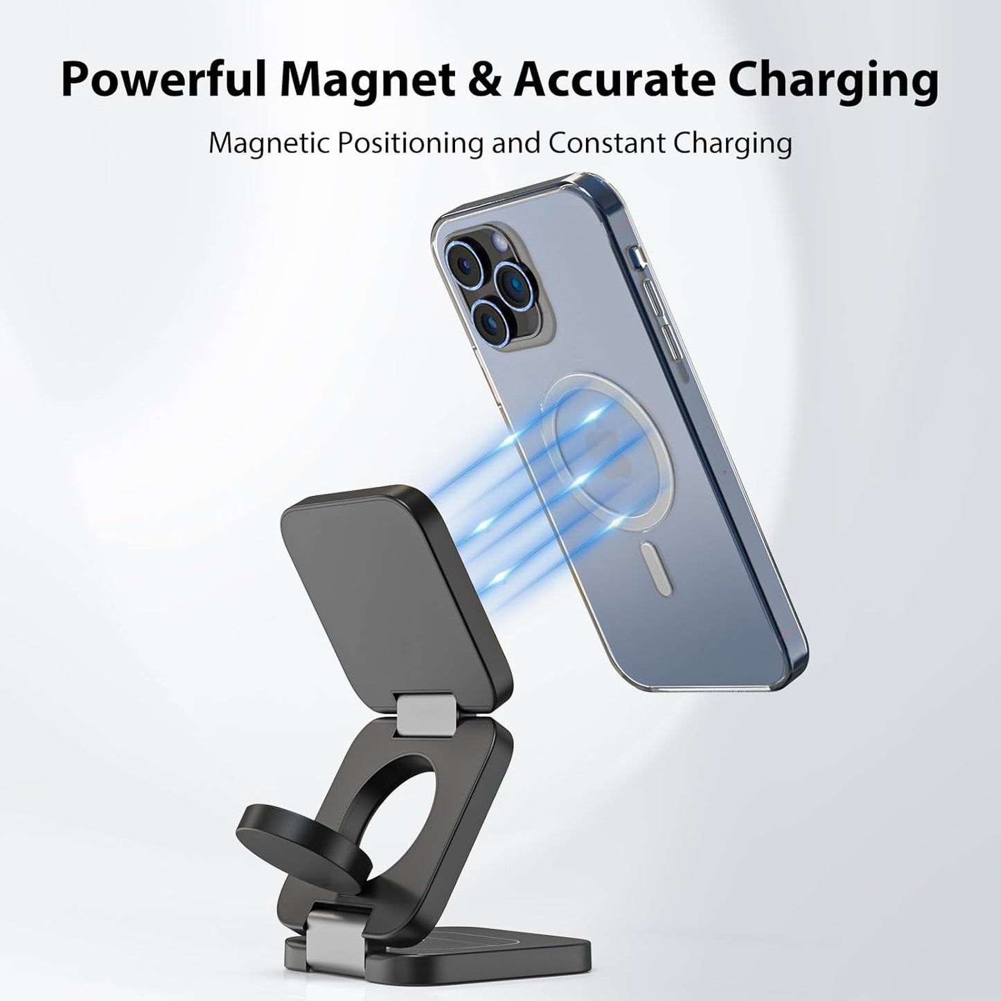 Fast Wireless Charger, Magnetic Foldable 3 in 1 Charging Station for iPhone 16/15/14/13/12/Pro/Plus/Pro Max, 5W Portable Charger for Apple Watch9/8/7/6/5/4/3/SE, for Airpods3/2/Pro-Black