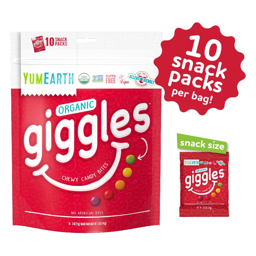 YumEarth Organic Giggles Chewy Candy - Allergy Friendly (Top 9 Free), No Artificial Dyes or Flavors, Non GMO, Gluten Free, Vegan - Individually Wrapped Fruity Snack Packs - 0.5 Ounce (Pack of 10)