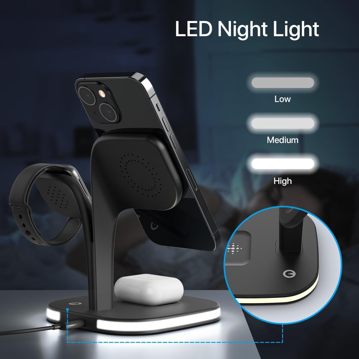 EXW Wireless Charging Station for Magsafe Charger,Charging Station for Multiple Devices,Wireless Charger for iPhone 16/15/14/13/12 Series,Apple Watch Series 1-9,AirPods with LED and Adapter (Black)