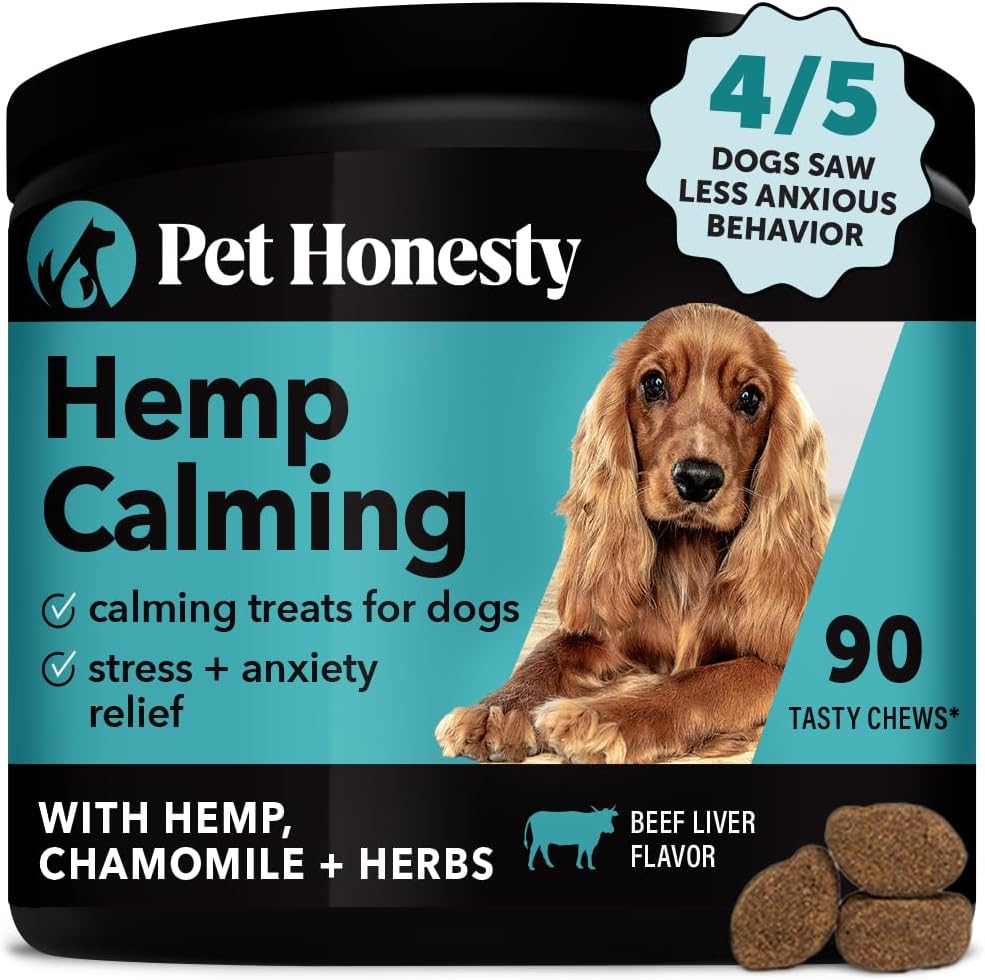 Pet Honesty Hemp Calming Chews for Dogs - Dog Anxiety Relief, Dog Calming Treats with Hemp + Valerian Root, Melatonin for Dogs - Helps Aid with Thunder, Fireworks, Chewing & Barking (Beef Liver 90 ct)