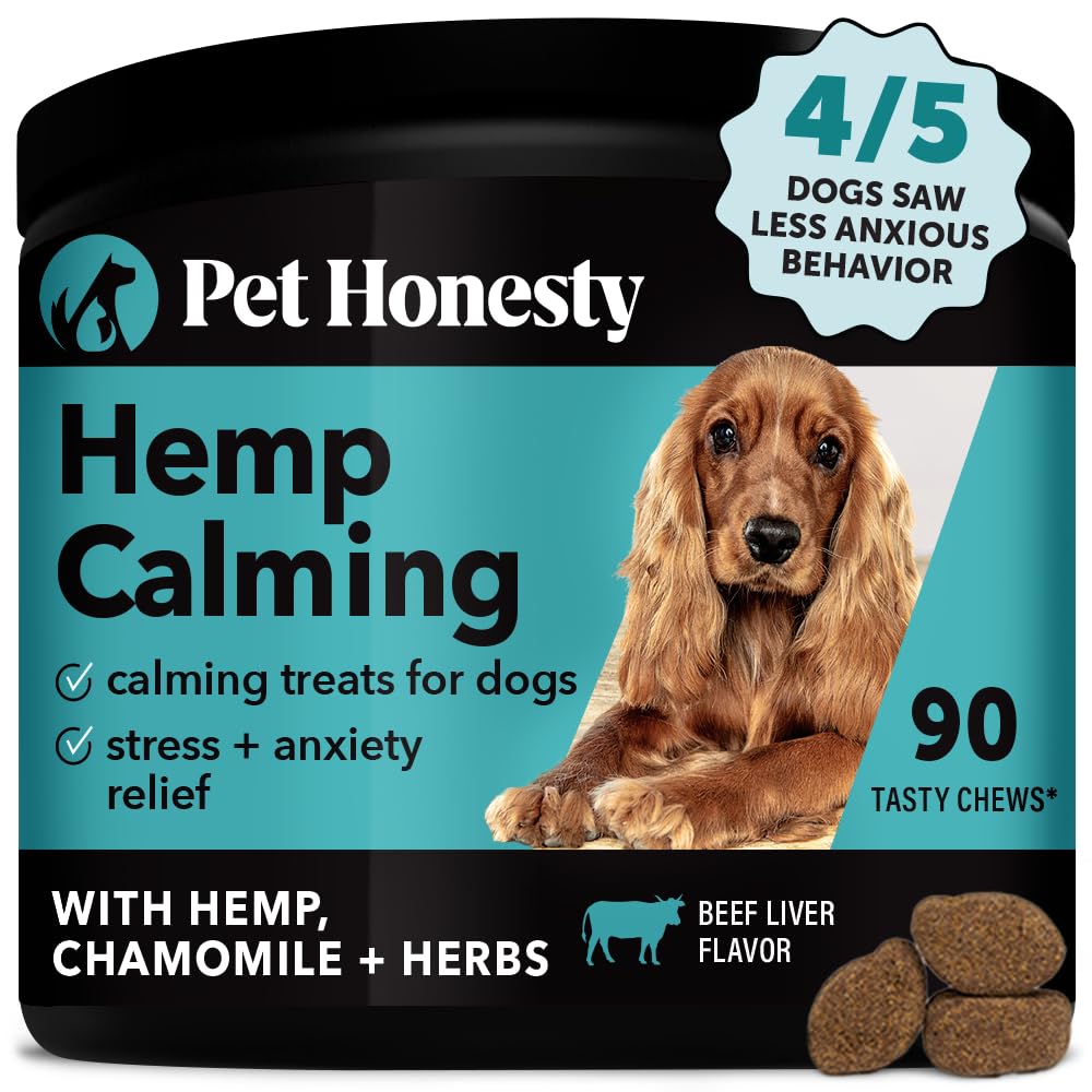 Pet Honesty Hemp Calming Chews for Dogs - Dog Anxiety Relief, Dog Calming Treats with Hemp + Valerian Root, Melatonin for Dogs - Helps Aid with Thunder, Fireworks, Chewing & Barking (Beef Liver 90 ct)