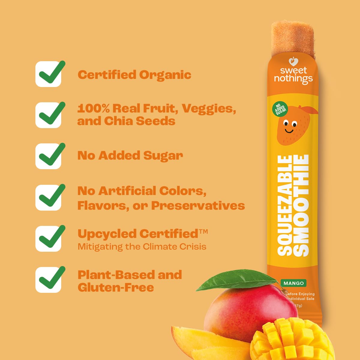 Sweet Nothings, Mango, USDA Organic Kids' Squeezable Super Fruit Smoothie Freezie Pops, Pack of 6 - Dye-Free, No Added Sugar, Dairy-Free, Vegan, Healthy Organic Fruit and Veggie Pops