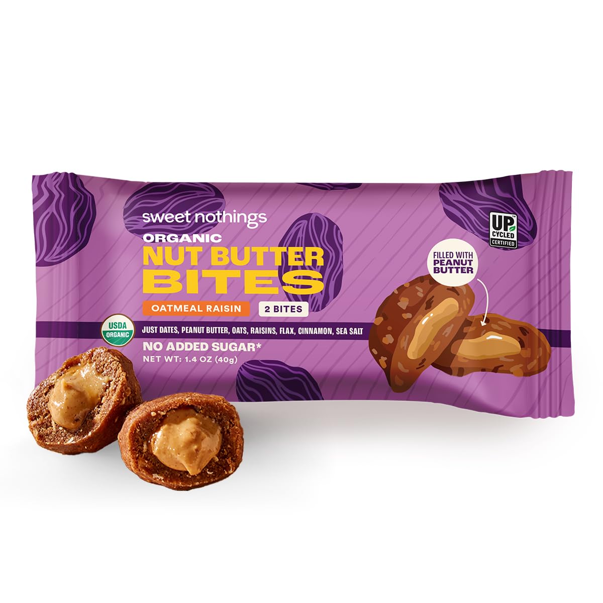 Sweet Nothings, Oatmeal Raisin, USDA Organic Nut Butter Bites Protein Bar, Nut & Date Snack, Filled with Peanut Butter, 12-2 Bite Value Packs - No Added Sugar, Plant Based, Vegan, Only 7 Ingredients