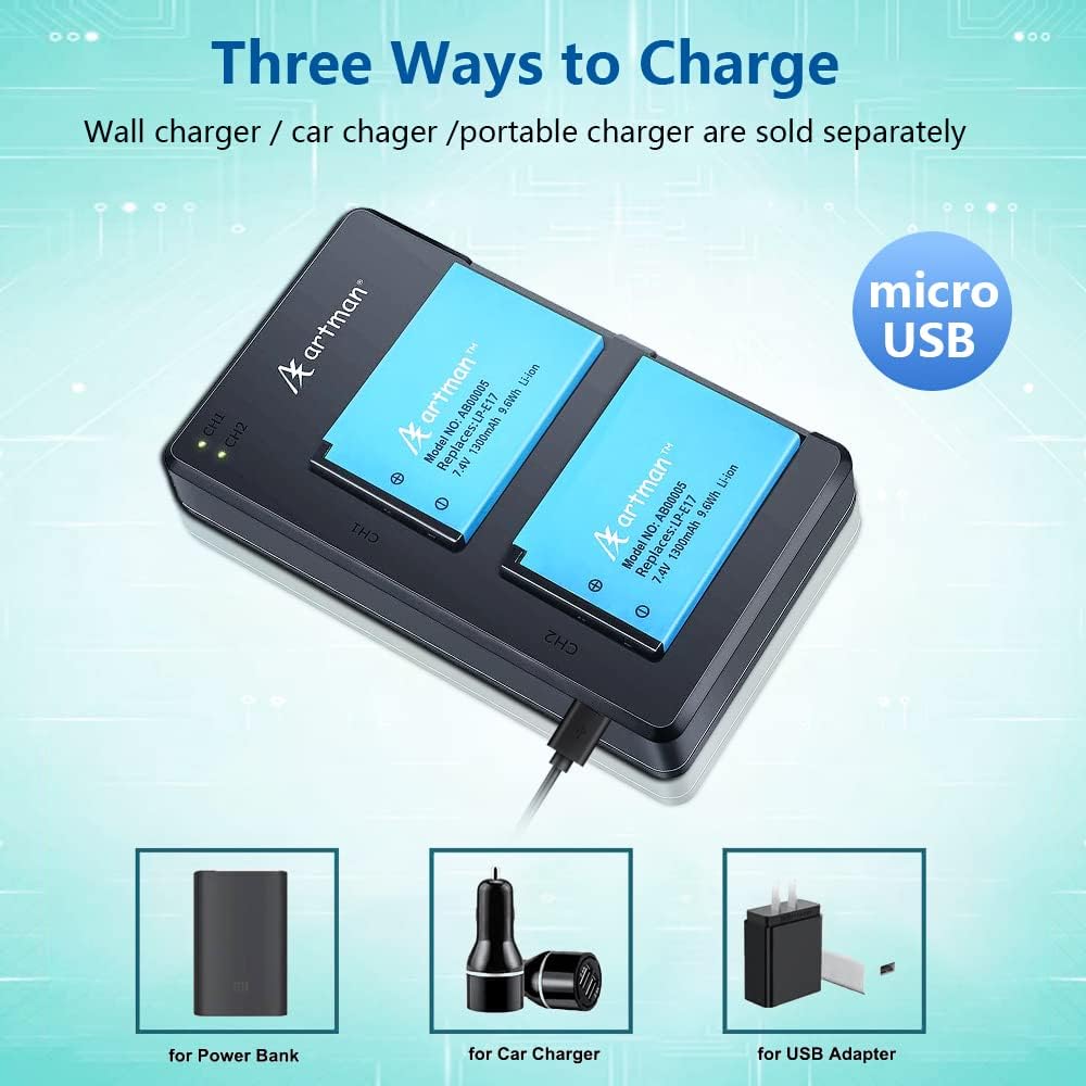 Artman 2-Pack LP-E17 Batteries and Rapid Dual USB Charger for Canon EOS R50 RP R10 R8,Rebel T8i, T7i, T6i, T6s, SL2, SL3, EOS M3, M5, M6, EOS 200D, 77D, 750D, 760D, 800D, 8000D, Digital SLR Camera