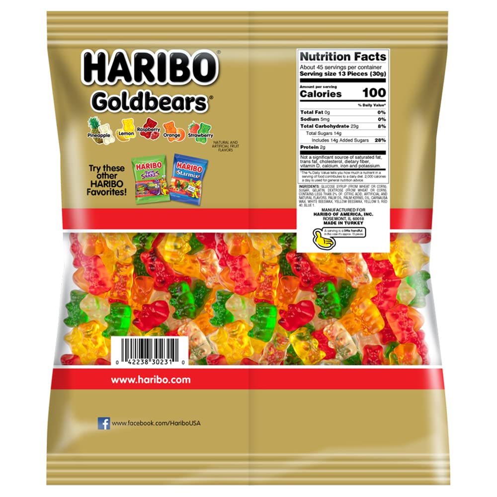 HARIBO Gummi Candy, Original Goldbears Gummy Bears, 3 Pound Party Size Bag, Delicious Soft & Chewy Sweet Snacks, Assorted Fruity Flavors