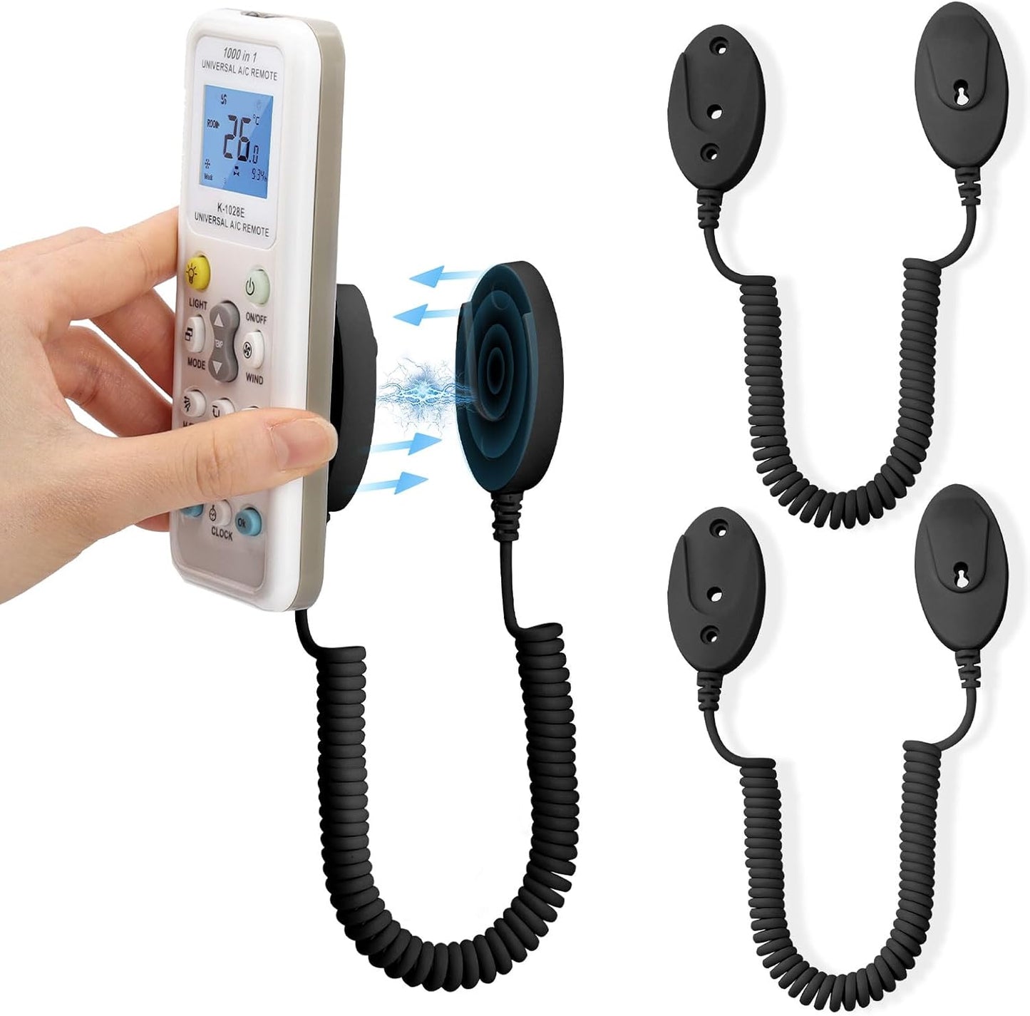 2-Pack Magnetic Remote Control Holders with Spring Ropes - Safely Secure Remotes & Small Items, Wall-Mount with Adhesive, Anti-Loss, Rapid Adsorption, Extendable Spring (Black 70 inch, 2 Pack)