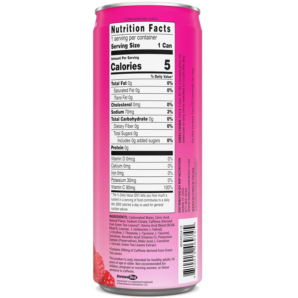 RSP NUTRITION AminoLean Energy Drink - Sugar Free Amino Energy with No Jitters, Tingles, or Crash, Vegan Amino Acids, Berry Elixir, 12 Pack