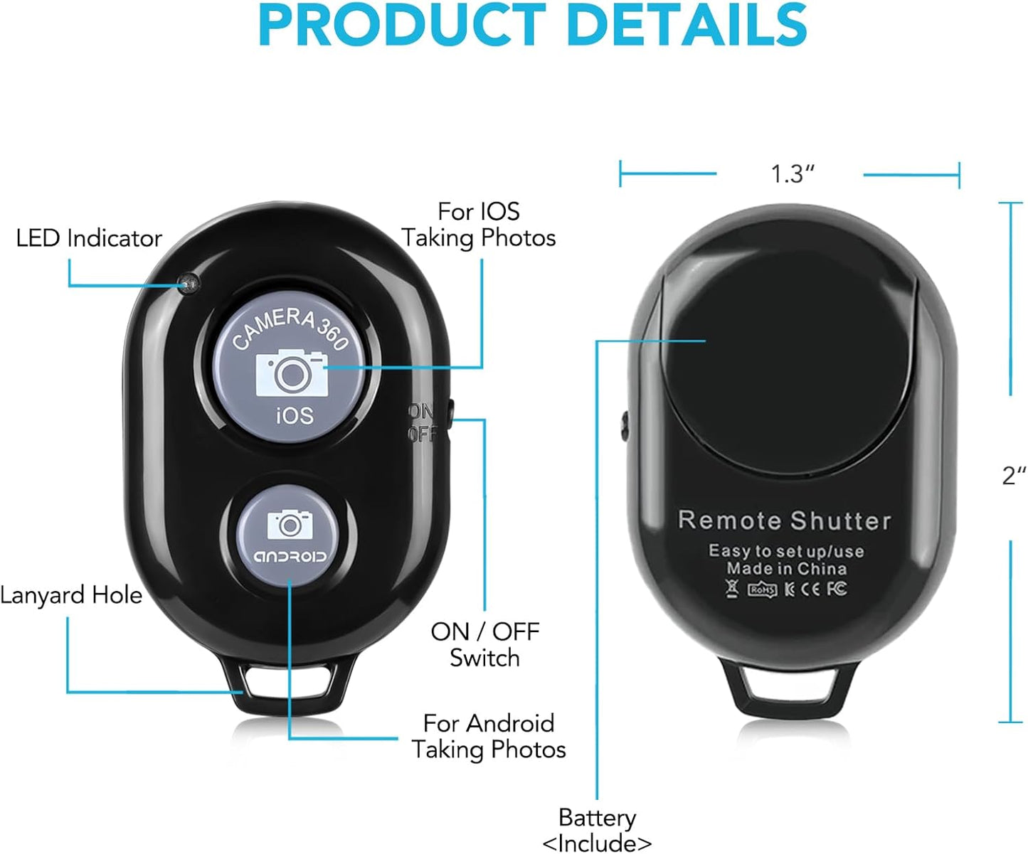 2 Pack Wireless Camera Remote Control - Wireless Remote for iPhone & Android Phones iPad iPod Tablet, Clicker for Photos & Videos, Wrist Strap Included