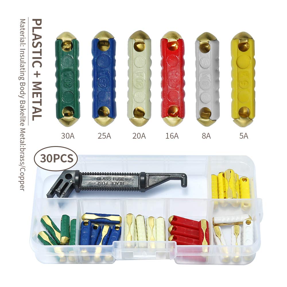 30 Pcs and 1Pc Fuse Box Assortment Bakelite Auto Fuses Replacement for GBC European Automotive 5A 8A 16A 20A 25A 30A