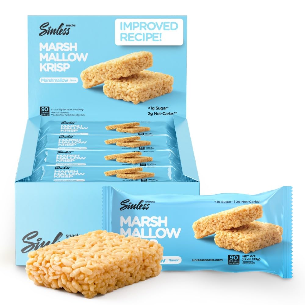 New Improved Recipe - Sinless Snacks Marsh Mallow Krisp - Perfect Keto Snacks - Delicious Gluten Free Low Carb Snacks - Marshmallow Keto Cereal Bars – Soft & Chewy Low Sugar Snack – Less Than 1g Sugar - 10g Protein - 2g Net-Carbs –8 Count