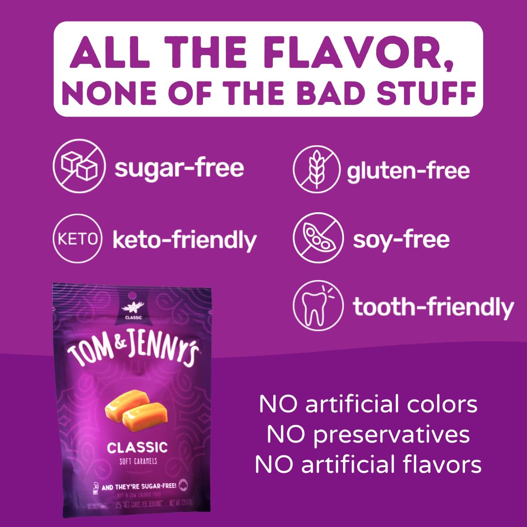 Tom & Jenny's Sugar Free Candy Soft Caramels Individually Wrapped - Sea Salt & Vanilla - Low Net Carb Zero Sugar Candy with Xylitol & Maltitol (Classic Chewy Sugar Free Caramel) Keto Candy 1 Pack