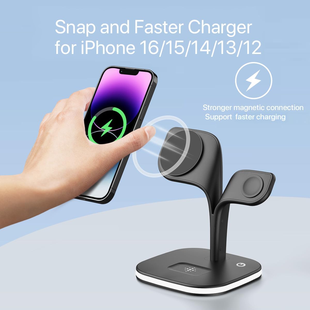EXW Wireless Charging Station for Magsafe Charger,Charging Station for Multiple Devices,Wireless Charger for iPhone 16/15/14/13/12 Series,Apple Watch Series 1-9,AirPods with LED and Adapter (Black)