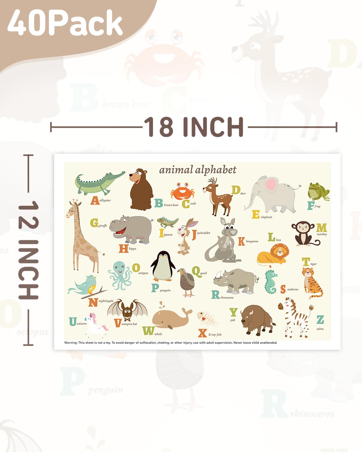 Disposable Stick-on Placemats 40 Pack for Baby & Kids, Restaurant Table Mats 12" x 18" Sticky Place Mats, Toddler Baby Placemat, Animal Alphabet Theme