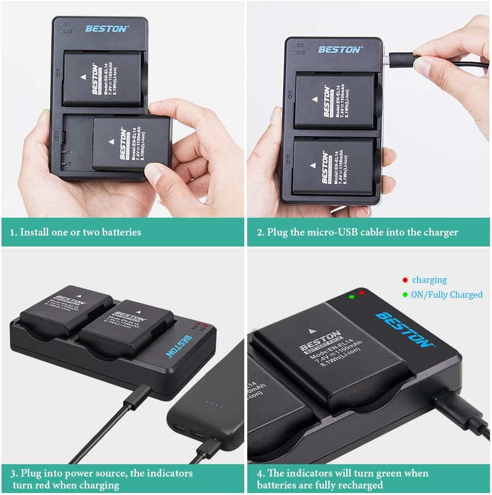 BESTON 2-Pack EN-EL14 / EN-EL14a Battery Packs and Rapid USB Charger for Nikon D3100 D3200 D3300 D3400 D3500 D5100 D5200 D5300 D5500 D5600 DF Coolpix P7000 P7100 P7700 P7800 Cameras
