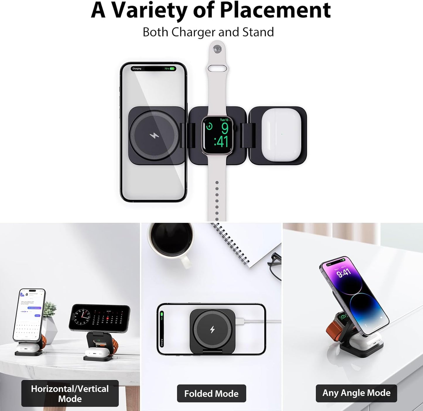 Fast Wireless Charger, Magnetic Foldable 3 in 1 Charging Station for iPhone 16/15/14/13/12/Pro/Plus/Pro Max, 5W Portable Charger for Apple Watch9/8/7/6/5/4/3/SE, for Airpods3/2/Pro-Black