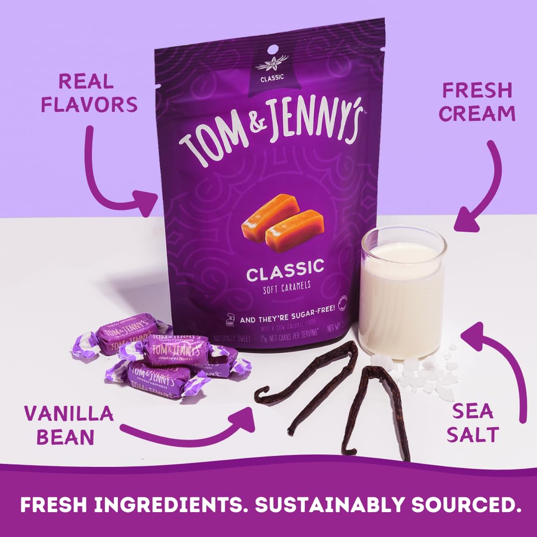 Tom & Jenny's Sugar Free Candy Soft Caramels Individually Wrapped - Sea Salt & Vanilla - Low Net Carb Zero Sugar Candy with Xylitol & Maltitol (Classic Chewy Sugar Free Caramel) Keto Candy 1 Pack