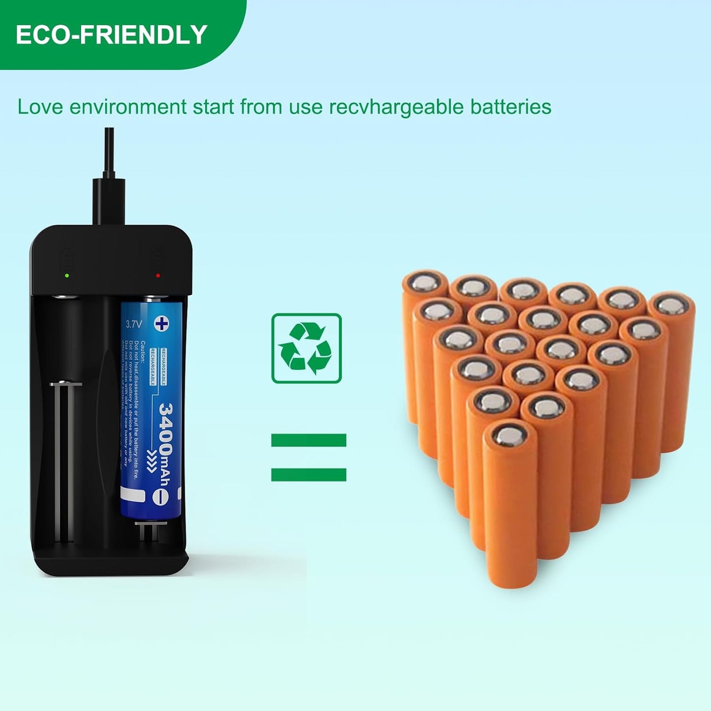 18650 Rechargeable Battery Charger Set, 3.7V Button Top Lithium ion Rechargeable Battery for Flashlight Headlamp (4Batteries+ Rechargeable Charger Set)