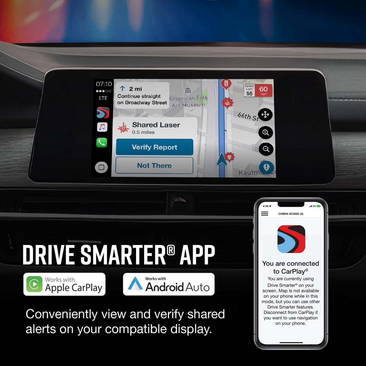 Cobra RAD 480i Laser Radar Detector – Long Range Detection, Bluetooth, Drive Smarter® App, LaserEye Front and Rear Detection, Digital Signal Processing, Black