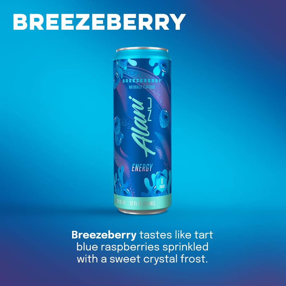 Alani Nu BREEZEBERRY Sugar Free, Low Calorie Energy Drinks | 200mg Caffeine | Biotin B Vitamins | Zero Sugar | 10 Calories | 12 Fl Oz Cans |12 Pack