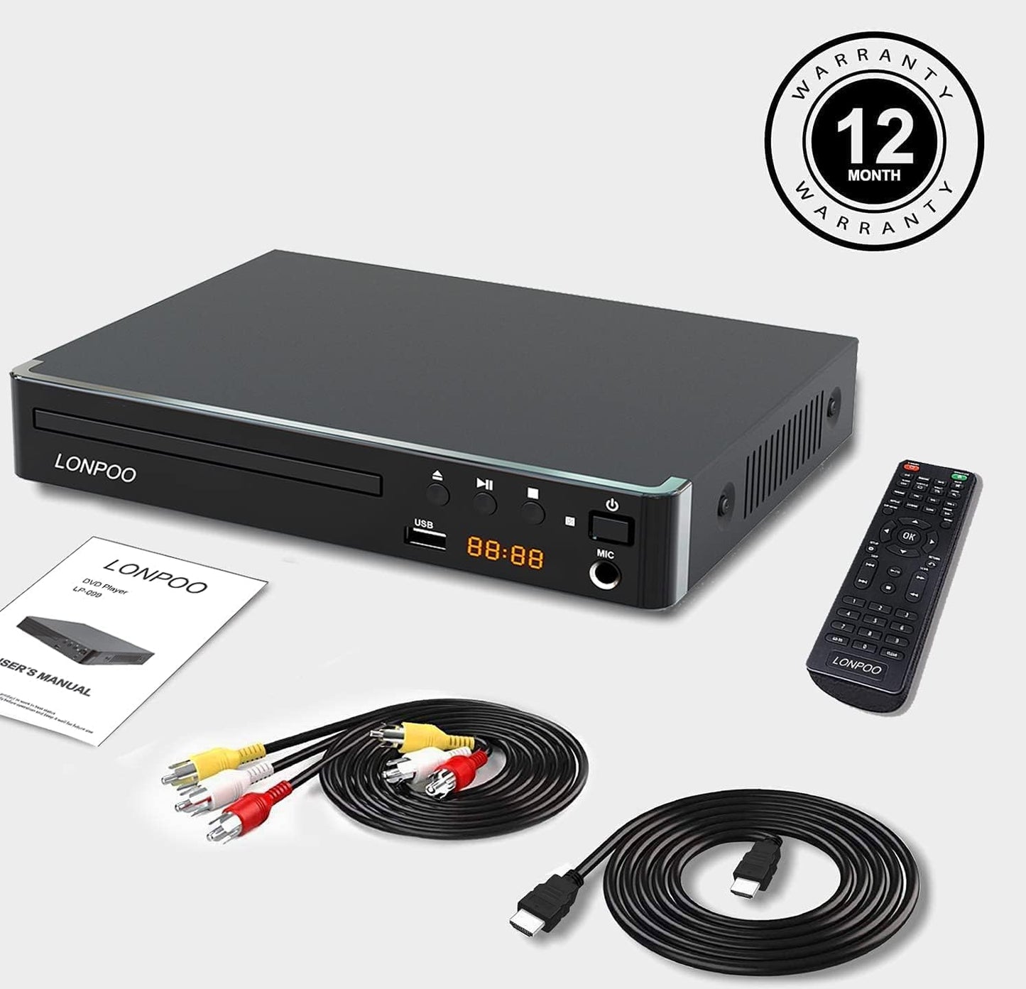 DVD Player HDMI for TV, LONPOO Compact Multi Region DVD CD Disc Player with Full HD Picture Quality,Anti-Skip,No Picture Freeze,Noise Cancellation,Microphone Port,USB Playback,HDMI & AV Cable Included