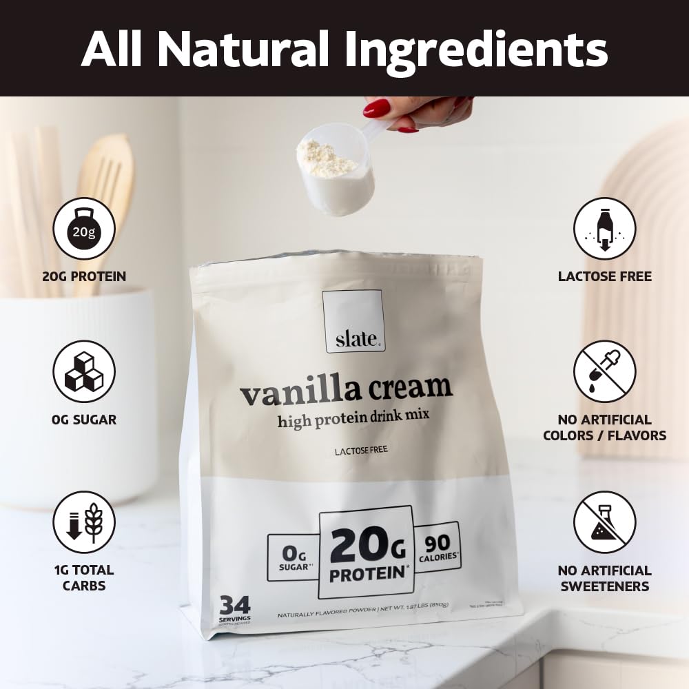 Slate Milk - High Protein Drink Mix Powder - Vanilla Cream, 34 Servings Bag - Lactose Free, 20g Protein, 0g Sugar, 90 Calories, 1g Carbs, No Added Sugar - Breakfast Boost - Post Workout - 1.87 lbs