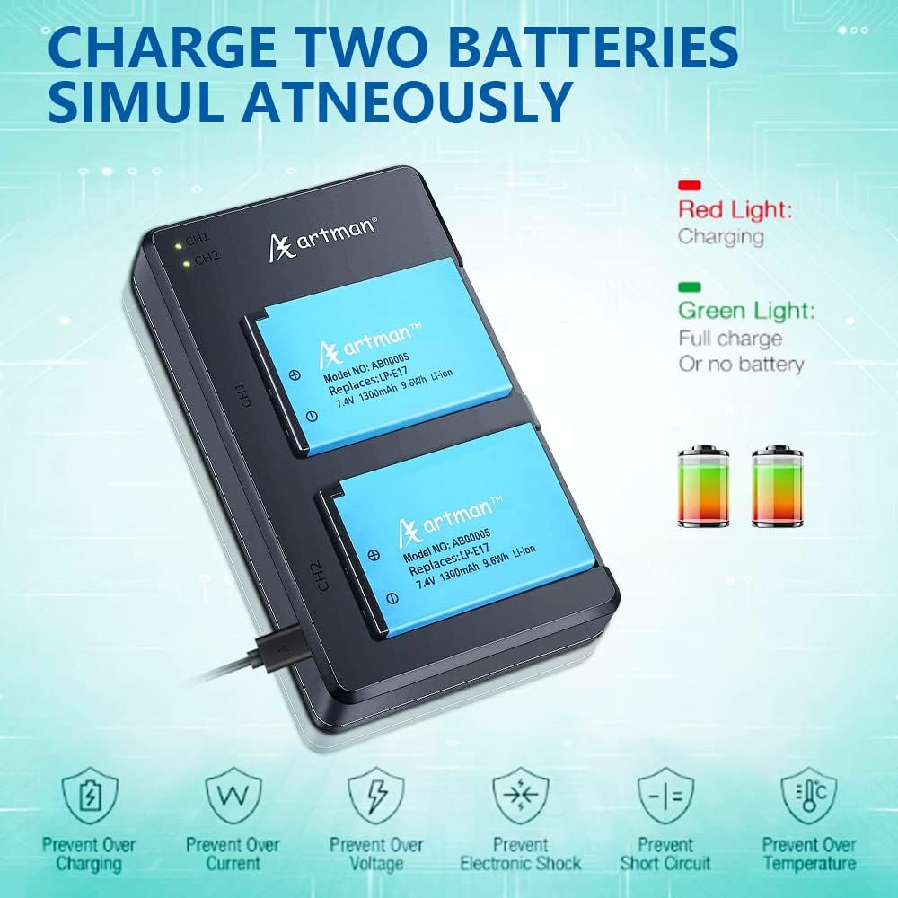 Artman 2-Pack LP-E17 Batteries and Rapid Dual USB Charger for Canon EOS R50 RP R10 R8,Rebel T8i, T7i, T6i, T6s, SL2, SL3, EOS M3, M5, M6, EOS 200D, 77D, 750D, 760D, 800D, 8000D, Digital SLR Camera