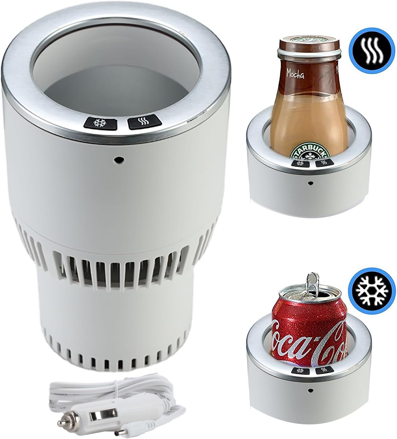 Cup Holder Coffee Warmer Drink Cooler 2-in-1 Truck Caned Drink Holder Gift(White with Silver12V)