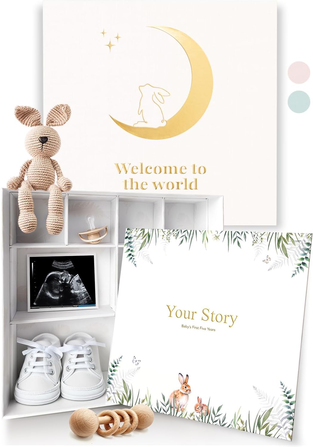 Baby Keepsake Box with Baby Memory Book - Baby Shower Gifts for Mom, Gender Reveal Gift Ideas - Cool Gifts for New Mom - Baby Journal Boy and Girl - Baby Books Keepsake First 5 Years, Scrapbook, Beige